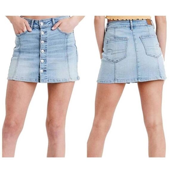 American Eagle Outfitters High Rise Light Blue Wash Stretch Jean Mini Skirt sz 2 - Picture 2 of 14